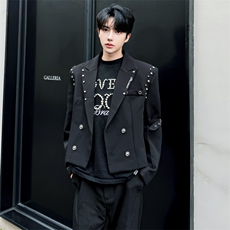 金属铆钉短款小西装男生小众双排扣休闲垫肩西服5225-P105，男装西服，星座910-5