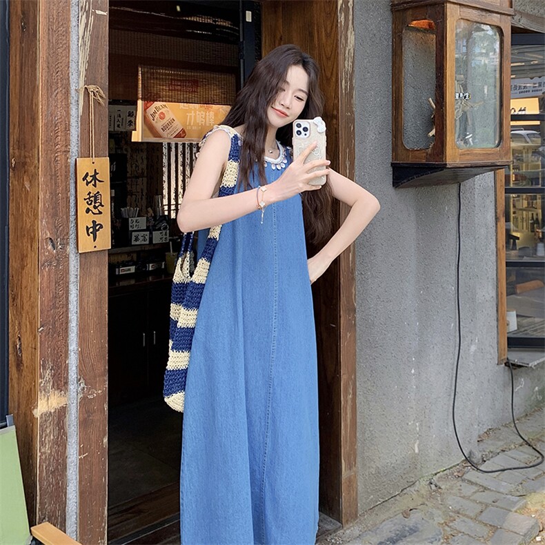 夏日辣妹穿搭无袖牛仔连衣裙女2025新款复古丹宁风设计感亮片长裙,女装连衣裙,浙宝276（原081）
