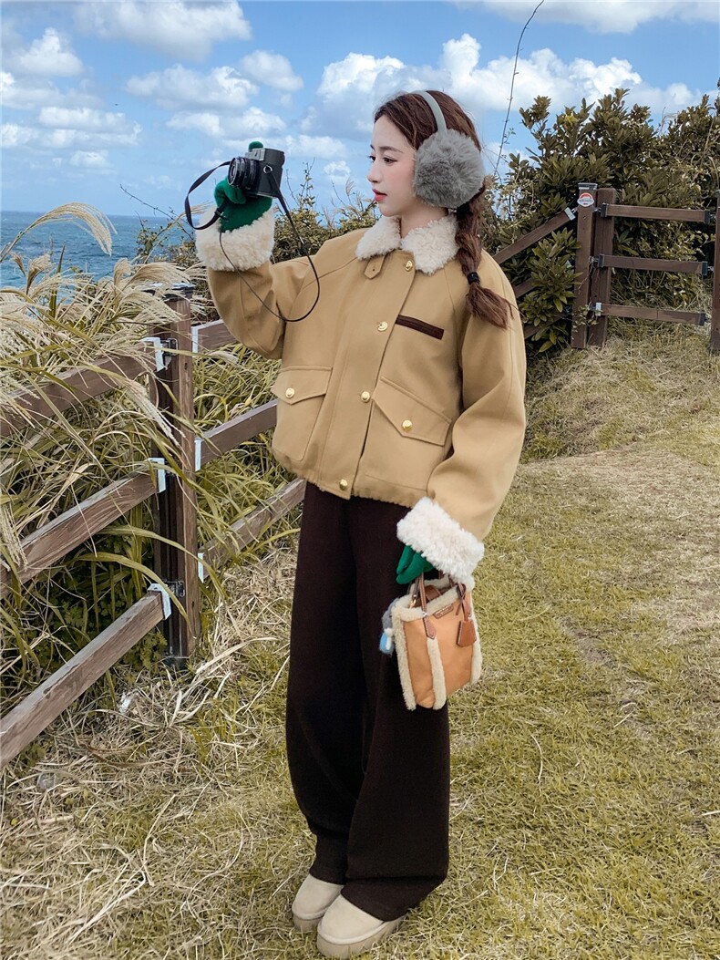 卡其色羊羔毛领拼接短款派克羽绒服女2025冬季小个子加厚保暖外套,女装羽绒服,慧尚依恋