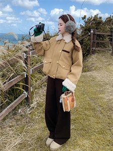 卡其色羊羔毛领拼接短款派克羽绒服女2025冬季小个子加厚保暖外套图片