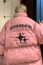 港风PU皮复古做旧可拆卸四芒星胸针设计棉衣男MY77721P128控168，男装棉衣，星座227-7