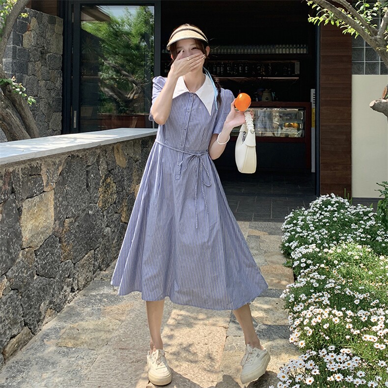 时尚显瘦蓝色条纹连衣裙全棉材质优雅气质支持退换货,女装连衣裙,灵力轩