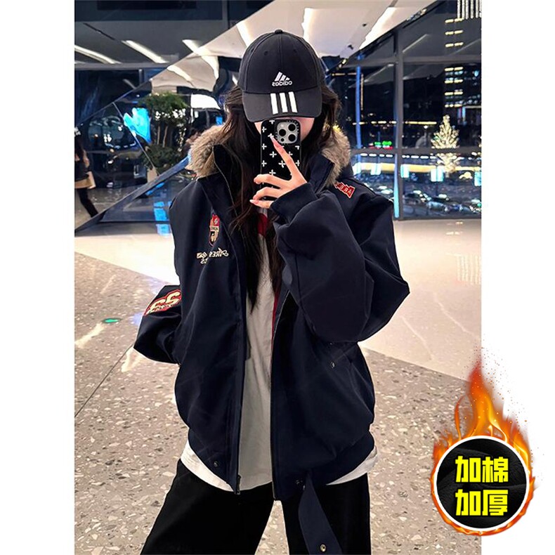 现货高品质美式高街重磅刺绣座山雕大毛毛领棉衣男女加厚棉服外套，男装棉衣，电商A486-1