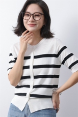 韩系气质条纹短袖针织开衫女2025新冰丝凉感设计打底T恤上衣小衫，女装T恤，冀清阳荣