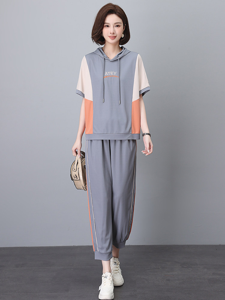 时尚休闲运动服套装女夏装新款中年妈妈遮肚子显瘦洋气减龄两件套,女装套装/套裙,忆绮罗