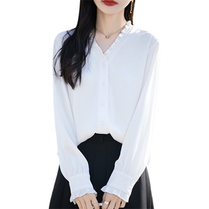 春秋新款缎面真丝长袖开衫女V领木耳边纯色百搭上衣宽松醋酸衬衫图片
