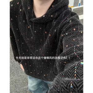 小香风提花针织刺绣连帽卫衣男款秋冬季cleanfit美式毛绒情侣外套图片