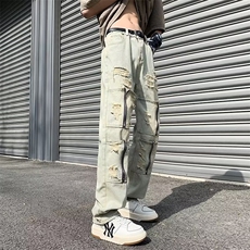 水洗复古黄泥牛仔裤男款欧美裤子高街美式破洞微喇直筒工装裤，男装牛仔裤，星座716-2