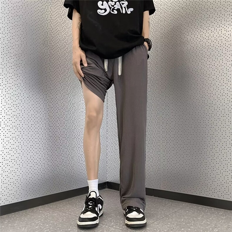 裤子男夏季薄款垂感阔腿冰丝休闲长裤宽松直筒痞帅潮牌潮流运动裤，男装休闲裤，星座601-2
