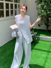 休闲气质盐系浅灰色无袖上衣阔腿裤套装女夏季ootd穿搭减龄两件套，女装套装/套裙，蝶眷