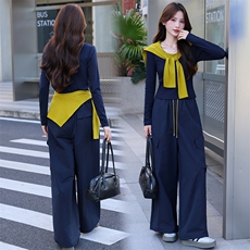 2025年秋季新款时尚潮流舒适显瘦带披肩配色三件套裤，女装套装/套裙，超帛