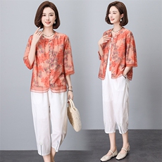 时尚套装女2024夏装新款气质印花拼接中袖衬衫休闲裤两件套，女装大码女装，奕阳依阁