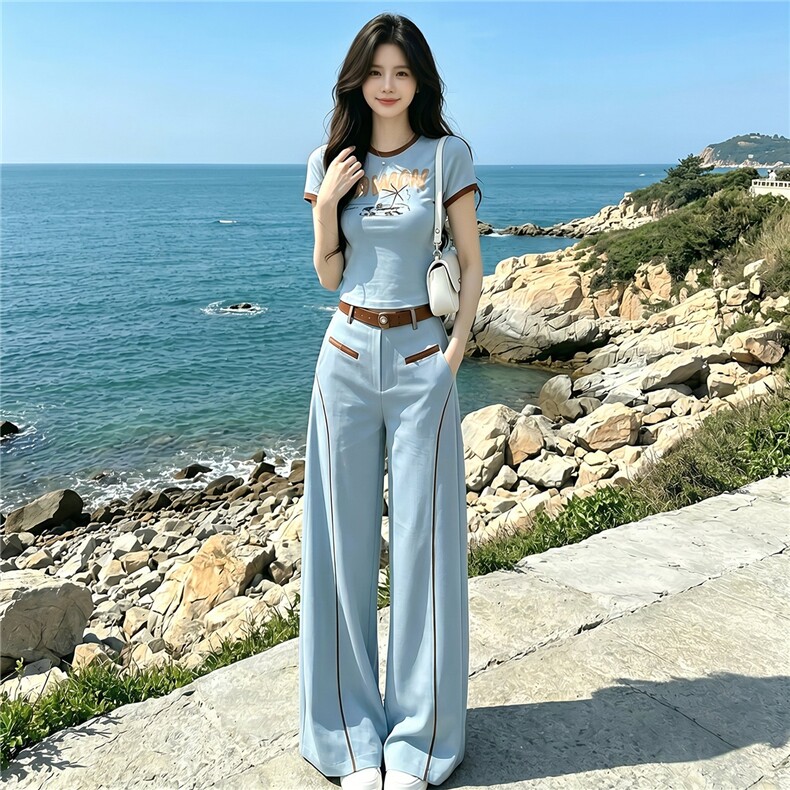 松弛感时尚减龄套装女夏季新款圆领印花短袖上衣阔腿长裤两件套潮,女装套装/套裙,江南