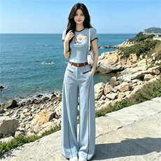 松弛感时尚减龄套装女夏季新款圆领印花短袖上衣阔腿长裤两件套潮，女装套装/套裙，江南