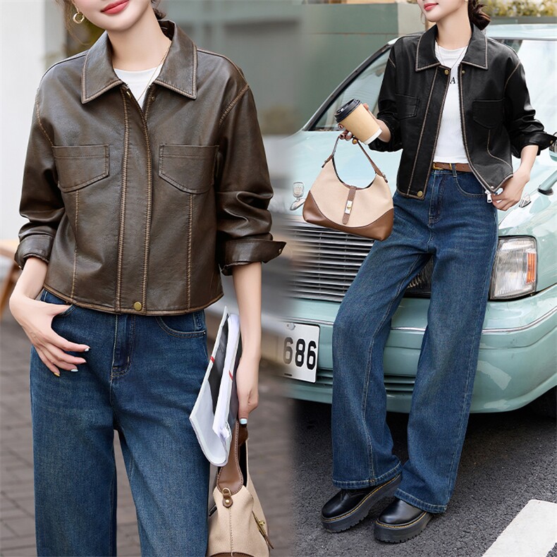 流行安哥拉红皮衣夹克外套女春秋2024新款复古港风休闲小个子上衣，女装皮衣，跑量工厂店