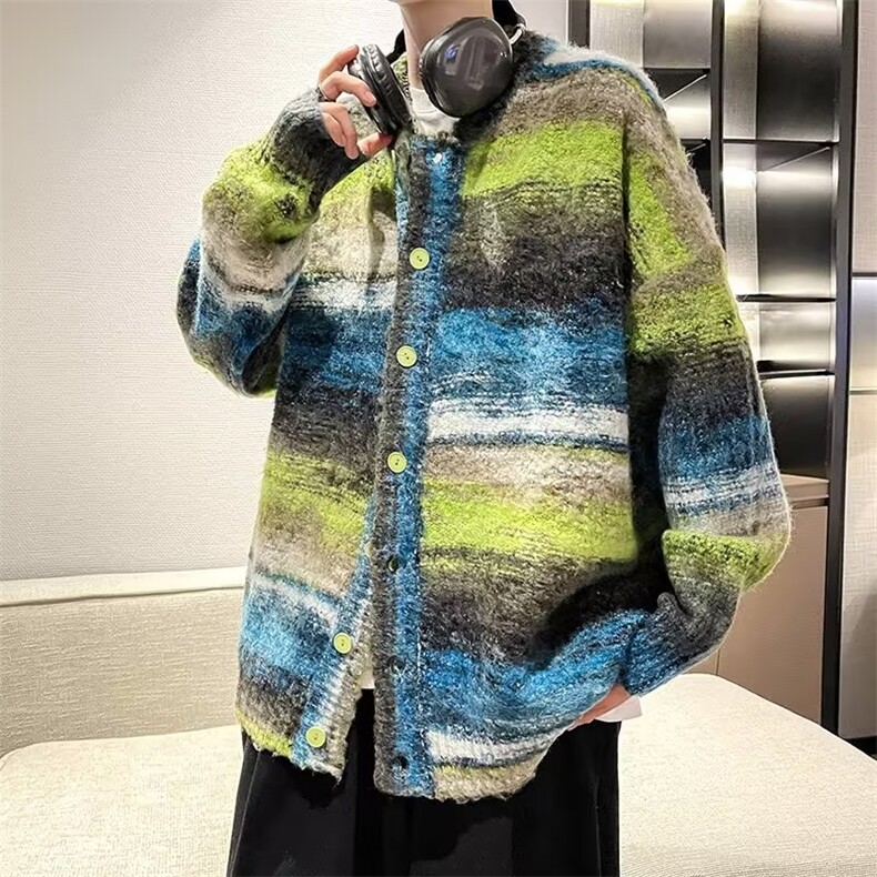 渐变针织开衫男女韩版潮流条纹2023秋冬新款ins毛衣外套MZ057-P62,男装针织衫/毛衣,星座412-3