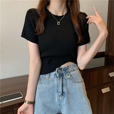 韩版夏季短款独特超好看纯色纯棉针织衫短袖T恤小上衣打底女，女装T恤，朝辰羊绒