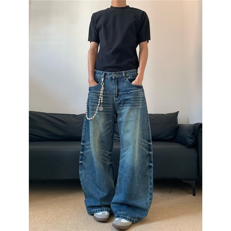 复古水洗蓝色弯刀牛仔裤男女微喇宽松阔腿拖地裤直筒N2020-P48,男装牛仔裤,星座208-5
