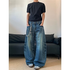 复古水洗蓝色弯刀牛仔裤男女微喇宽松阔腿拖地裤直筒N2020-P48，男装牛仔裤，星座208-5