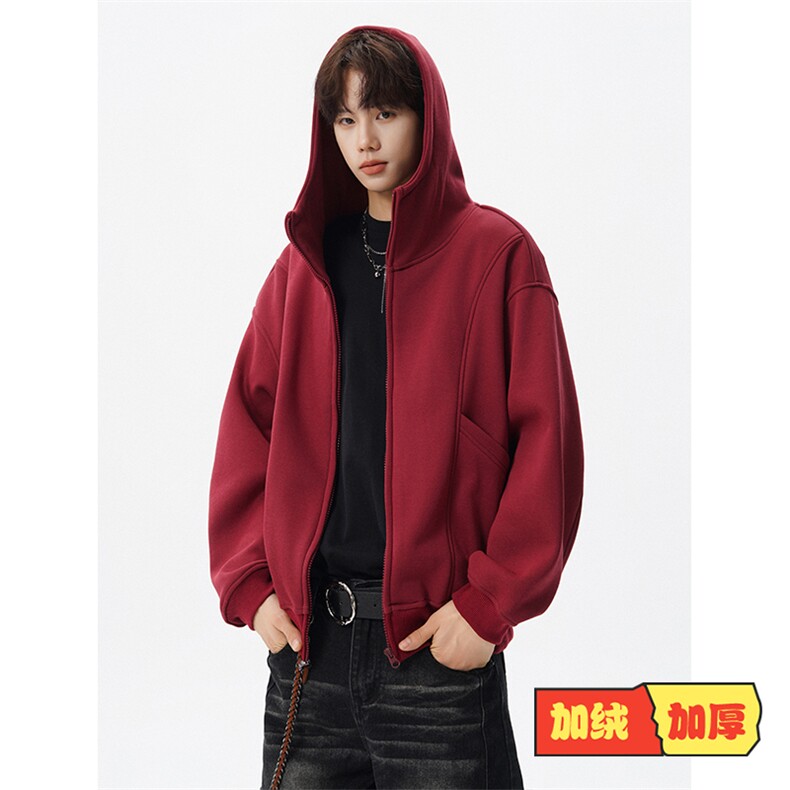 8XL-M 休闲复古潮美式重磅连帽宽松安克拉红色卫衣外套WY34P8图片