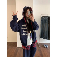 假两件拼接格子连帽卫衣外套新款休闲情侣开衫外套513AJK2389P50，女装短外套，星座513A