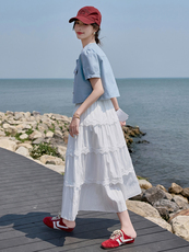 2025年夏新品现货度假风吊带蕾丝花边连衣裙+牛仔短袖两件套，女装连衣裙，臻衣坊
