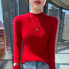 2025秋冬百搭时尚简约圆领长袖打底衫保暖针织衫，女装针织衫/毛衣，冬贝尔貂绒