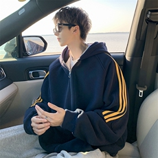 8XL-M秋冬美式运动三条杠条纹开衫卫衣连帽特大码宽松JK5206/P65，男装卫衣，电商B238