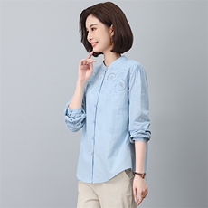 绣花长袖衬衫女2023秋装新款立领镂空棉衬衣修身显瘦气质，女装大码女装，奕阳依阁