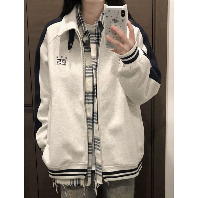 林弯弯美式条纹拼接运动开衫男女春季立领撞色插肩袖情侣夹克外套图片