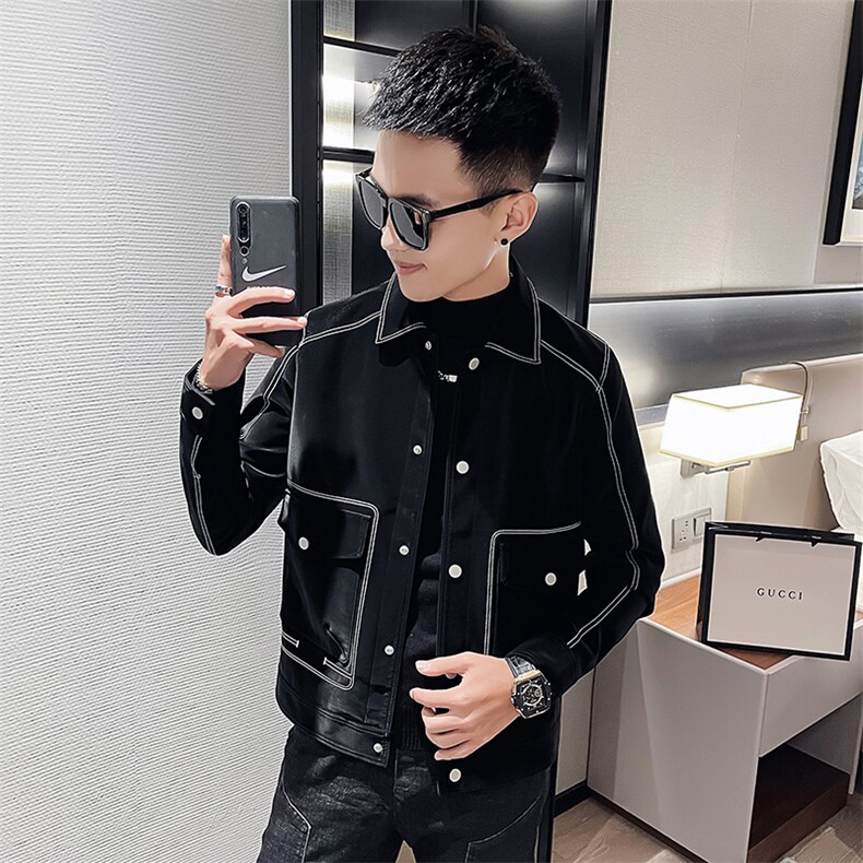 男士短款翻领设计感明线皮衣男潮流休闲夹克外套P2203-P115绒P125图片