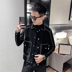 男士短款翻领设计感明线皮衣男潮流休闲夹克外套P2203-P115绒P125图片