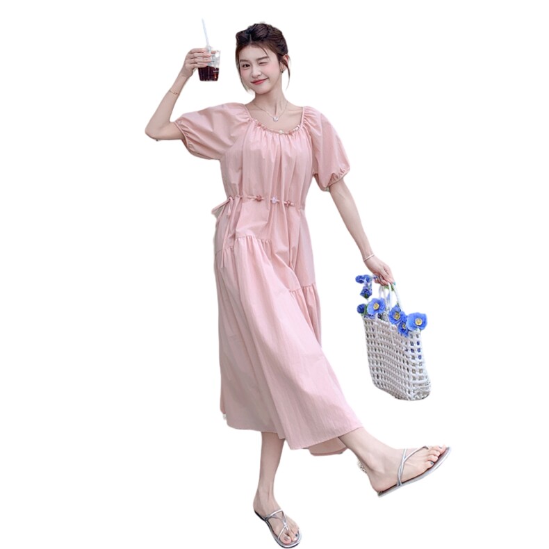 泡泡袖短袖法式夏季纯欲女连衣裙系带甜美韩版小众显瘦气质时尚,女装连衣裙,2C259