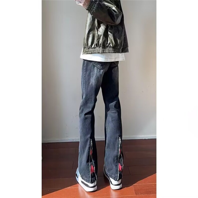 美式高街vibe裤子拉链修身牛仔裤男设计感直筒微喇裤LX0155-P45,男装牛仔裤,星座1008
