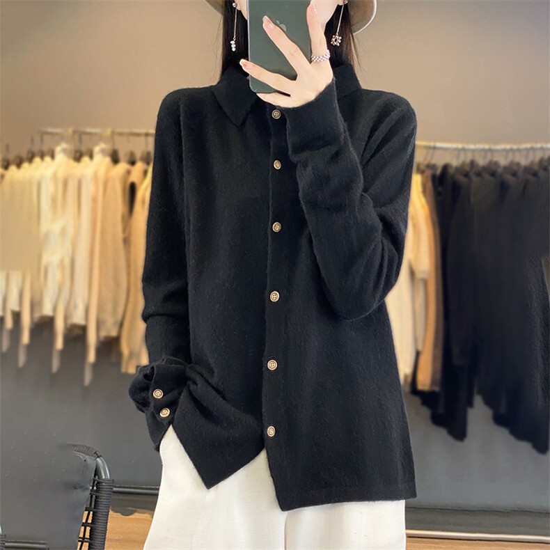 100%羊毛开衫女纯羊绒秋季长袖POLO翻领羊毛针织外套韩版大码外穿,女装羊毛衫,天佑贝依