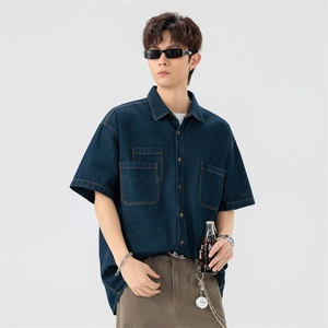 夏季新款牛仔短袖衬衫男宽松潮流薄款外套图片