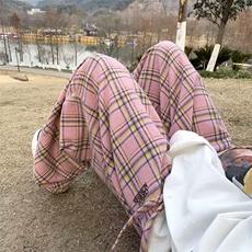 2024春季新款格子休闲裤毛呢刺绣慵懒风阔腿裤潮牌现货K7671-P37，男装休闲裤，星座512-3