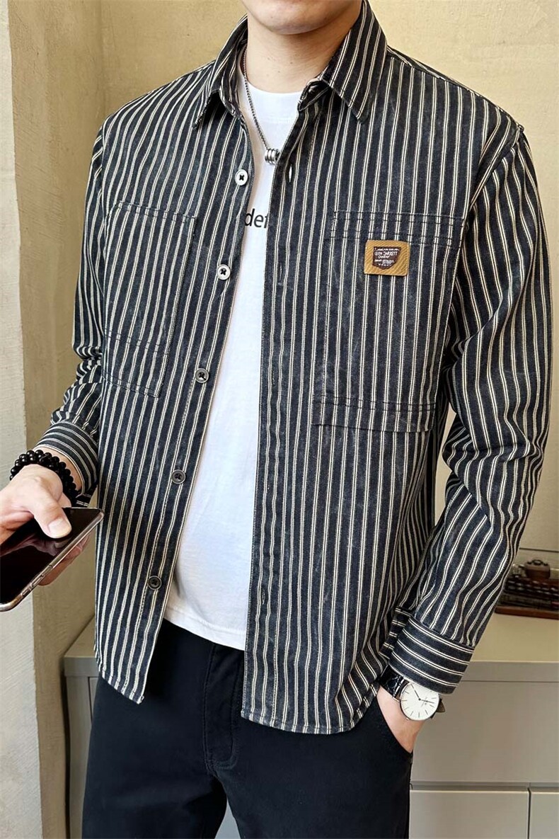 秋季新款条纹衬衫男长袖潮流百搭休闲衬衣C8815-P90,男装衬衫,电商A237