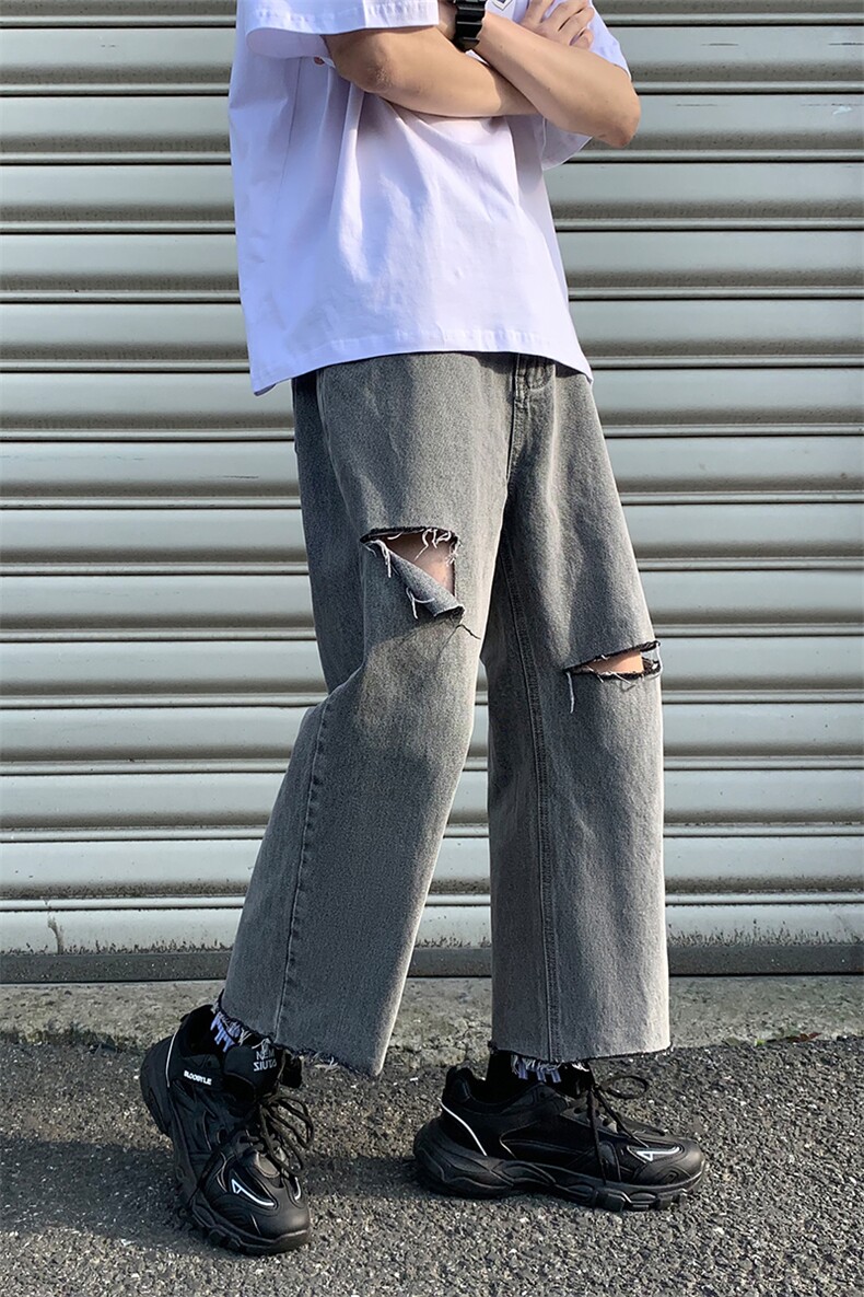 破洞牛仔裤烟灰色宽松直筒裤KD110-P45,男装牛仔裤,电商D312-1