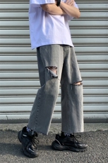 破洞牛仔裤烟灰色宽松直筒裤KD110-P45，男装牛仔裤，电商D312-1