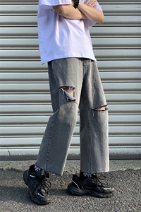破洞牛仔裤烟灰色宽松直筒裤KD110-P45图片