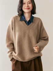 秋季新款v领纯色套头针织衫时尚休闲，女装针织衫/毛衣，鸥蕊娅羊绒