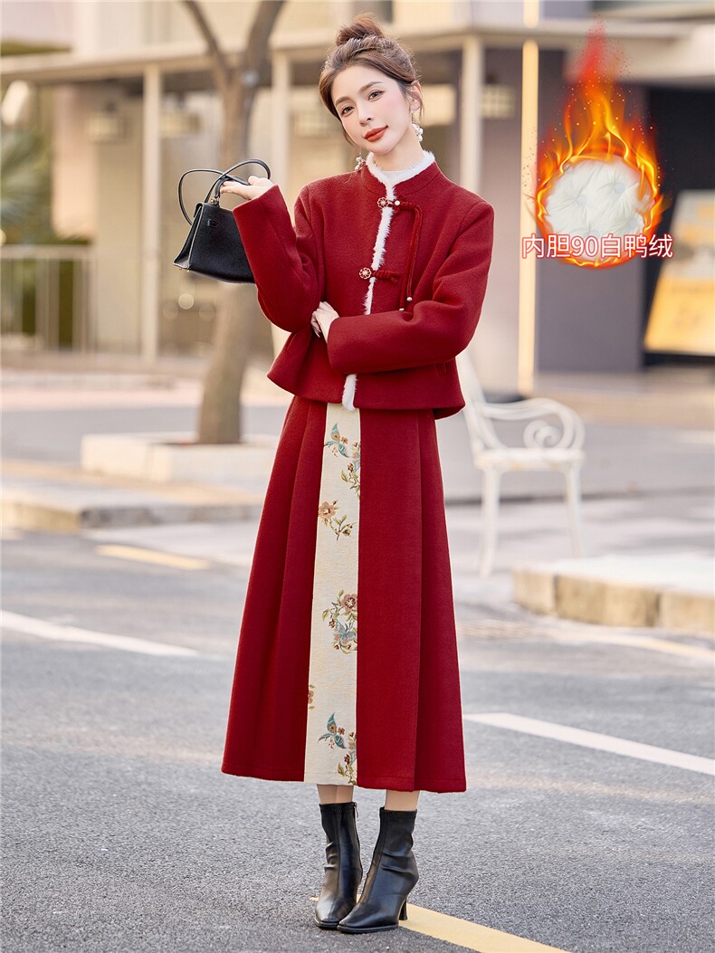现货新中式提花90羽绒服套装纯色女2025冬季新款超好看保暖女,女装套装/套裙,韩宇舍