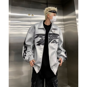 美式高街嘻哈潮机车服飞行夹克男秋冬潮牌情侣宽松PU皮衣外套男图片
