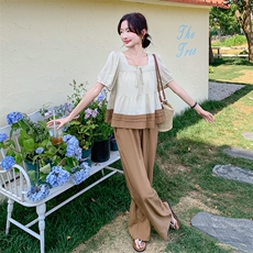 慵懒松弛感休闲套装女2025夏季穿搭一整套泡泡袖上衣阔腿裤两件套，女装套装/套裙，维壹