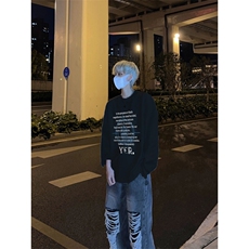 美式复古十字封印YER正能量印花长袖T恤小领口打底衫，男装T恤，星座310A-4