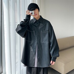 秋季港风纯色休闲男宽松PU皮衣夹克外套 A071-C28-P75图片