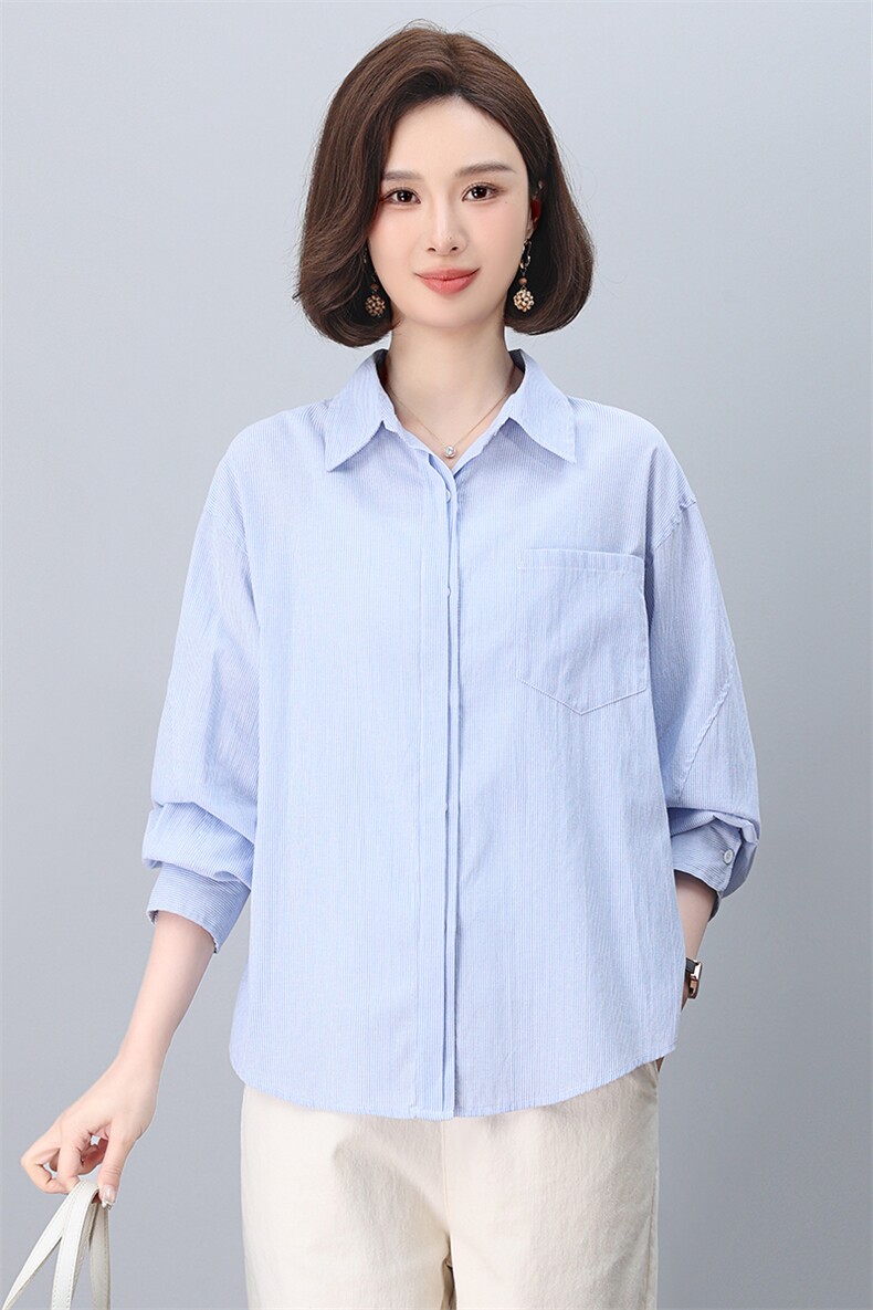 纯棉条纹衬衫女长袖2025年春季新款衬衣减龄洋气小衫中年妈妈上衣,女装衬衫,忆绮罗