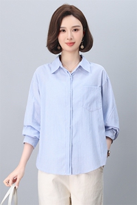 纯棉条纹衬衫女长袖2025年春季新款衬衣减龄洋气小衫中年妈妈上衣图片
