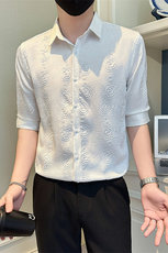 店主风社会小伙男士褶皱花泡七分袖衬衫男衬衣301A-1/CS569/P55，男装衬衫，星座301A-1
